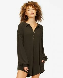 BILLABONG Relax All Day Half-Button Romper OFF BLACK
