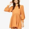 BILLABONG Day To Dream Long Sleeve Babydoll Dress TOFFEE