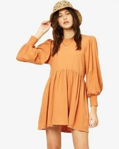 BILLABONG Day To Dream Long Sleeve Babydoll Dress TOFFEE