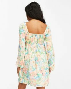 BILLABONG Tropic Dream Long Sleeve Babydoll Dress WHITE/MULTI -Women Clothing Shop abjwd00372 billabongw wmu bck1