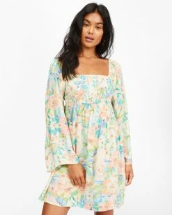 BILLABONG Tropic Dream Long Sleeve Babydoll Dress WHITE/MULTI