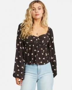 BILLABONG Love You More Long Sleeve Sweetheart Blouse OFF BLACK
