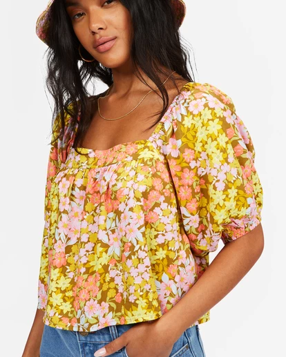 BILLABONG Beach Daze Puff Sleeve Crop Top MOSS 4 BILLABONG Beach Daze Puff Sleeve Crop Top MOSS - Image 4