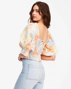BILLABONG Feeling Groovy Puff Sleeve Crop Top WHITE/MULTI -Women Clothing Shop abjwt00259 billabongw wmu bck1