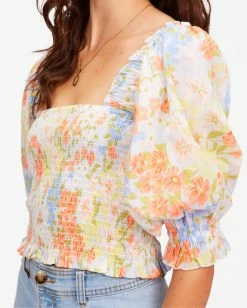 BILLABONG Feeling Groovy Puff Sleeve Crop Top WHITE/MULTI -Women Clothing Shop abjwt00259 billabongw wmu dtl1