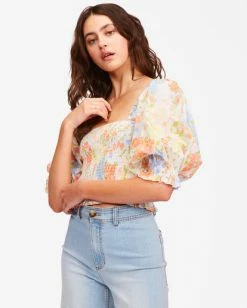 BILLABONG Feeling Groovy Puff Sleeve Crop Top WHITE/MULTI -Women Clothing Shop abjwt00259 billabongw wmu sd1