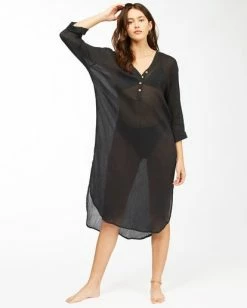 BILLABONG Summer Breeze Beach Cover-Up Midi Dress BLACK PEBBLE